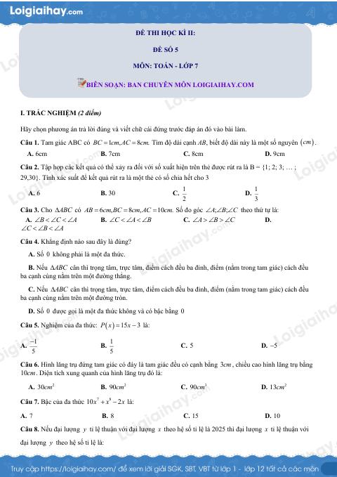 Đề thi học kì 2 Toán 7 - Đề số 5 - Kết nối tri thức